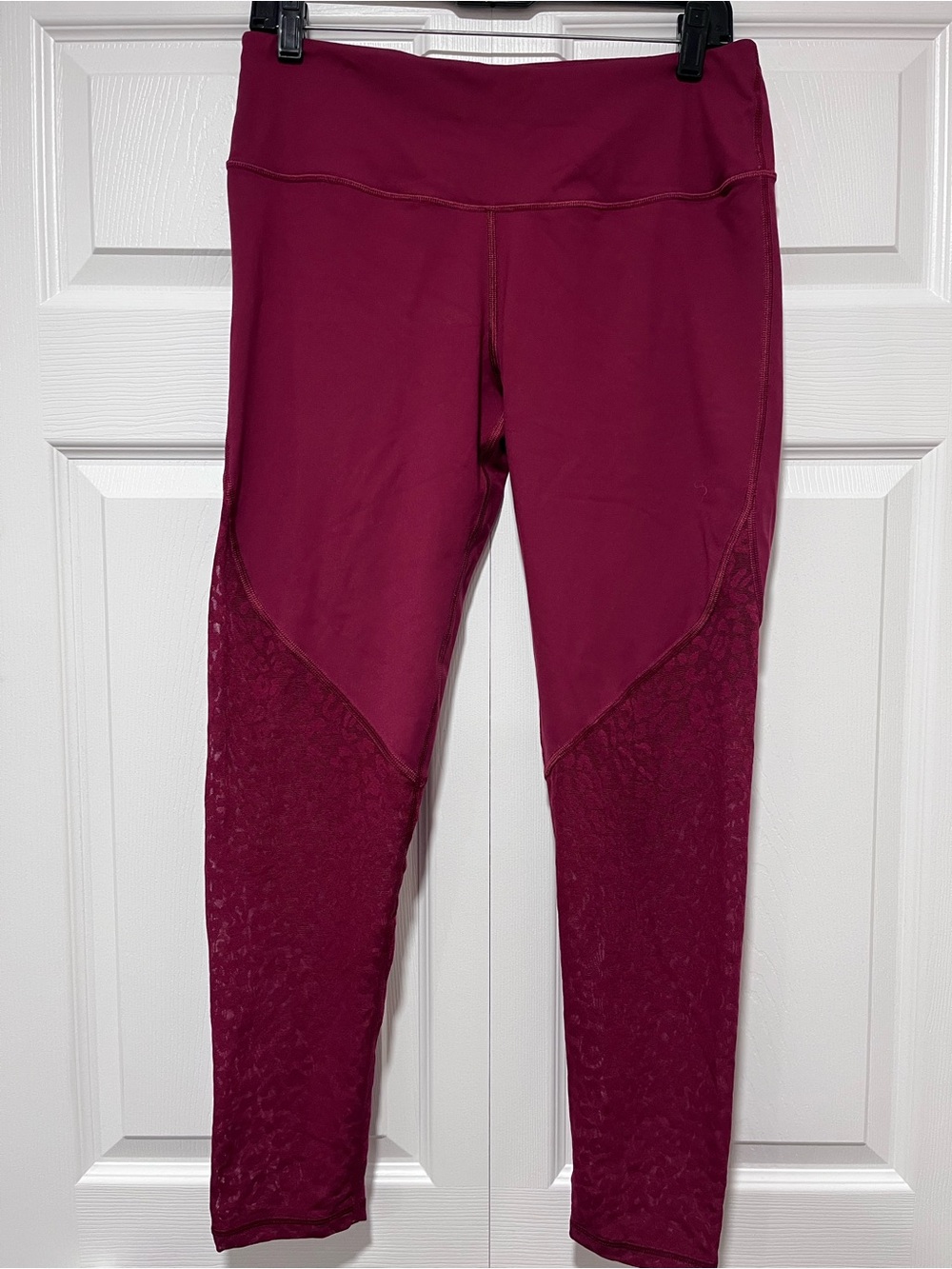 High-Rise Maroon Leggings with Textured Lower Panels